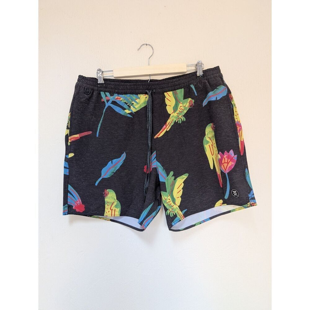 Roark Swim Shorts Mens XL Shorey Macaw Black Parrot Floral Hemp Blend Unlined